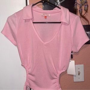 Baby Pink Collared V-neck Shirt w/ Openings & Ties